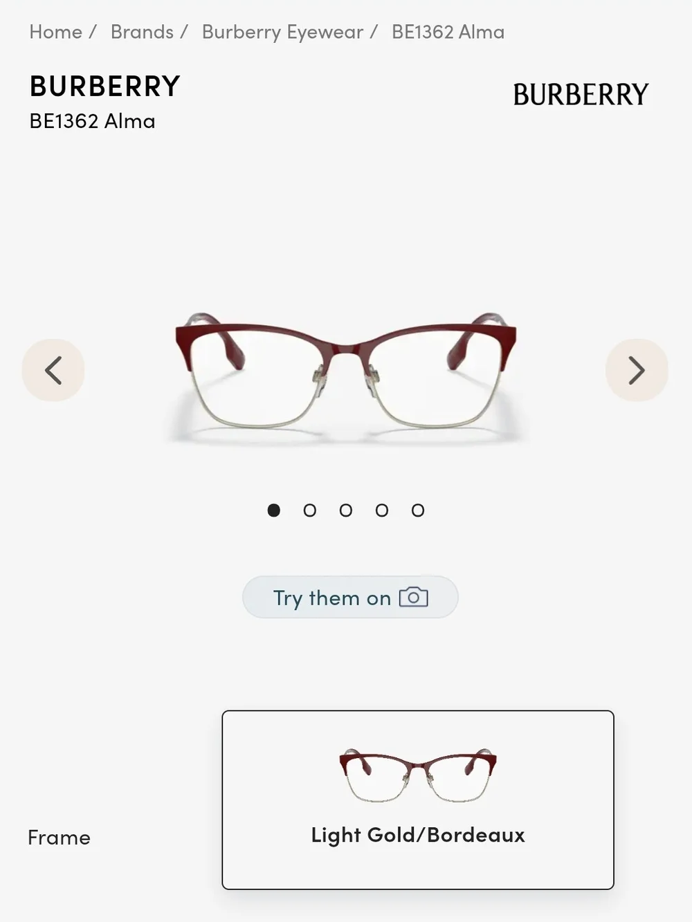 Burberry Alma Cat-Eye Glasses in Bordeaux and Light Gold